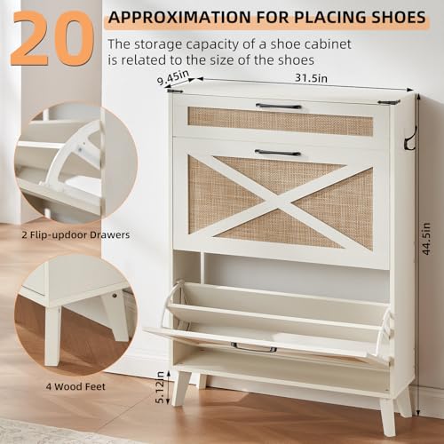 Rattan Shoe Cabinet Storage for Entryway with 2 Flip Drawers