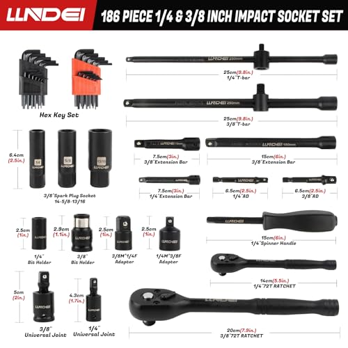 1/4 & 3/8" Drive Impact Socket Set 186Pcs SAE/Metric (186 Count)