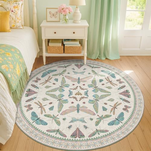Green and Blue Insect 6ft Round Soft Rugs for Nursery (36 Sq Ft)