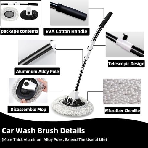 15° Curved Car Wash Brush with Long Handle 43" Microfiber Cleaning Mop Telescopic Extension Pole for Caravan RV Truck Auto SUV Wheel Boat Exterior 2 in1 Carwash Duster Scratch Free