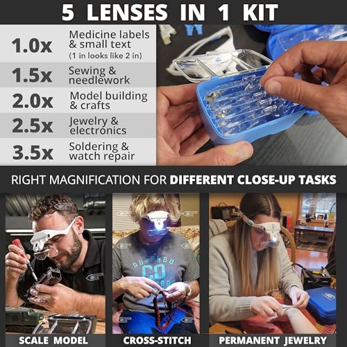 Expert Edition Magnifying Glasses with USB Rechargeable LED Light and Storage Case Hands Free Head Magnifier for Hobby Painting Close Work