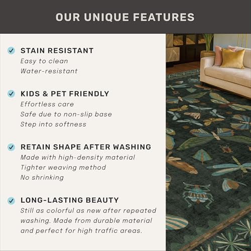 Dark Green 4x6 Washable Area Rug for Living Room (24 Sq Ft)