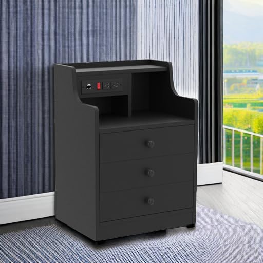 Black Nightstand with Charging Station & Drawers
