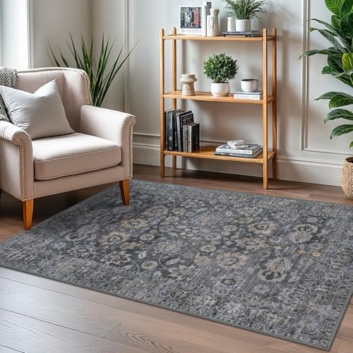 Washable Area Rug 3x5 Grey Vintage Floral