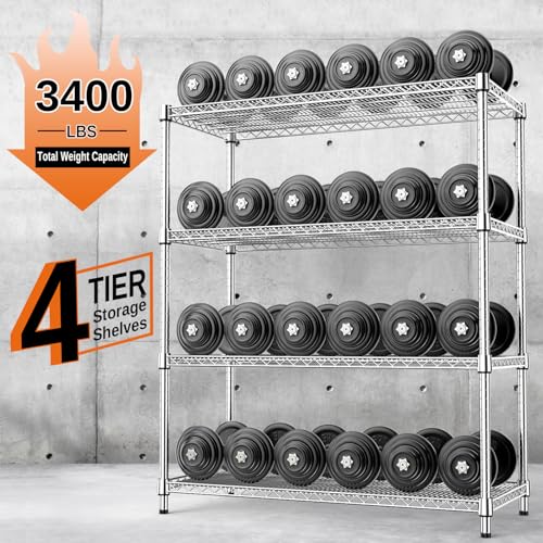 3400 LBS Garage Shelving Wide Storage Shelves 4 Tier Metal Shelves Heavy Duty Adjustable Utility Shelf Rack Chrome 17.7" D x 59.1" W x 70.4" H (4 Count)