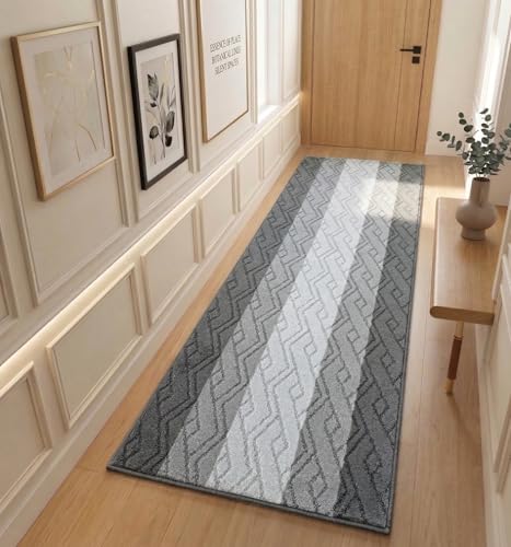 Custom Size Hallway Runner Rug Damask Grey Color 31 inch Wide Select Your Length Non