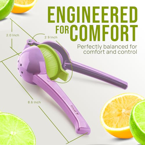 Metal 2-in-1 Lemon Squeezer - Sturdy Max Extraction Hand Juicer Lemon Squeezer Gets Every Last Drop - Easy to Clean Manual Citrus Juicer - Easy-Use Lemon Juicer Squeezer - Purple/Lime