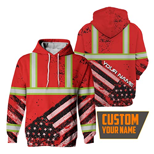 Safety Hoodie Red US Flag Customize Name High Visibility Hoodie for Men Reflective Hoodie Hi Vis Construction Workwear for Runners