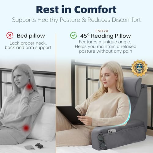 19" Reading Pillow for Bed with Firm Back Support & Big Pockets
