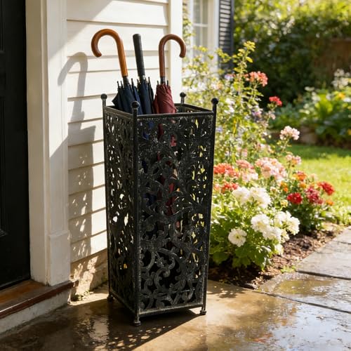 Vintage Black Metal Umbrella Holder with Ornate Cutout Pattern Antique Decorative Umbrella Stand with Detachable Drip Tray for Entryway Storage Umbrellas Canes & Walking Sticks