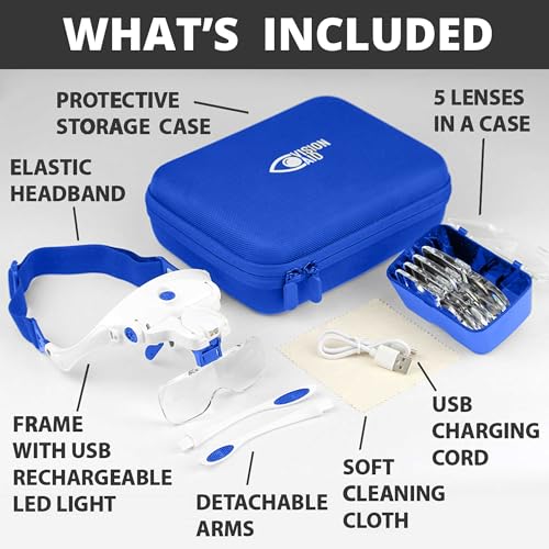 Expert Edition Magnifying Glasses with USB Rechargeable LED Light and Storage Case Hands Free Head Magnifier for Hobby Painting Close Work