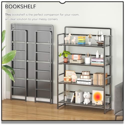 No Assembly Extra Wide 4 Tiers Folding Bookshelf Storage Shelves Vintage Bookcase Standing Racks Study Organizer Home Office