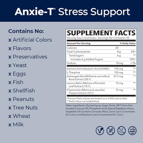 Anxie-T - Stress Relief Gummy - Vitamin Supplement for Mood & Mental Focus Support - Feel Calm and Relaxed - Rapidly Eases Tension - Ashwagandha, GABA & L-Theanine - 90 Gummies (90 Count)