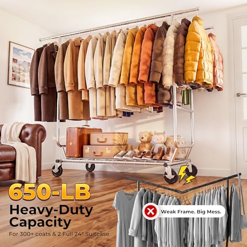 Clothes Rack Heavy Duty Clothing Rack Load 650 LBS Collapsible Garment Rack with Wheels Double Rod Clothes Rack for Hanging Clothes Commercial Portable Closet Rack with Shelves 22"D*75"W*68"H