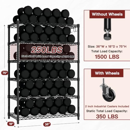 6 Tier 36" W X 18" D X 78" H Wire Shelving with Wheels 1500lbs (4 Count)