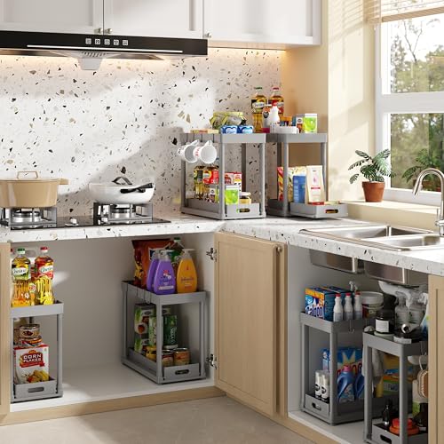 2PC Under Sink Organizer Rack 2 Tier Under Sliding Cabinet Basket Organizer Drawer with 4 Hooks (2 Count)