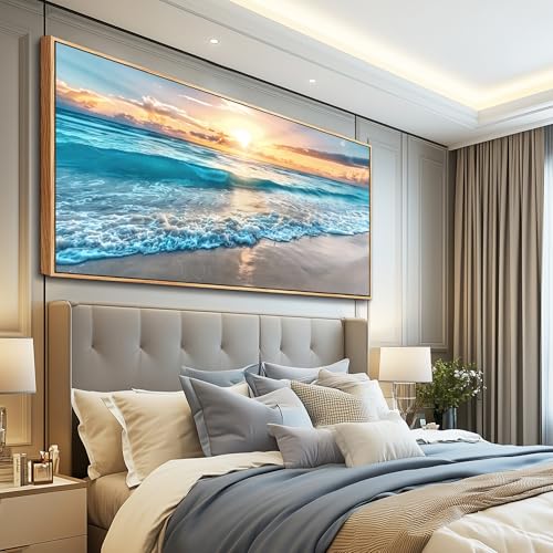 Large Canvas Wall Art For Living Room Wood Framed Wall Decor For Bedroom Blue Beach Seascape Wall Paintings Modern Office Decorations Home Decor Poster Artwork Ready to Hang Wall Pictures