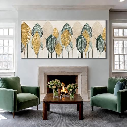 Green and Gold Wall Art Leaves Wall Decor Modern Canvas Painting 32"x70" Pictures for Dining Room Area Large Artwork for Living Room