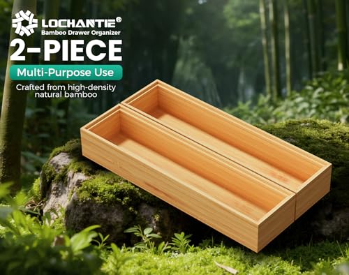 Bamboo Kitchen Drawer Organizer Boxes 12" x 3" Stackable Wooden Organizers (2 Count)