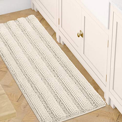 Bath Rugs for Bathroom Non Slip Bath Mats Extra Thick Chenille Striped Bath Rug Runners 47" x 17" Absorbent Fluffy Soft Shaggy Mats Dry Fast Plush Area Carpet for Bath Room