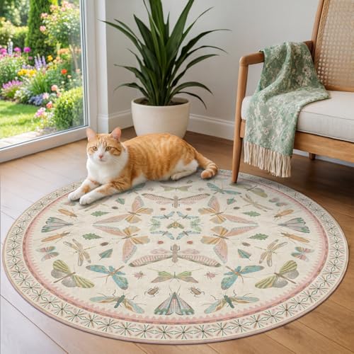 Boho Light Pink Round Rugs for Kids Bedroom (16 Sq Ft)