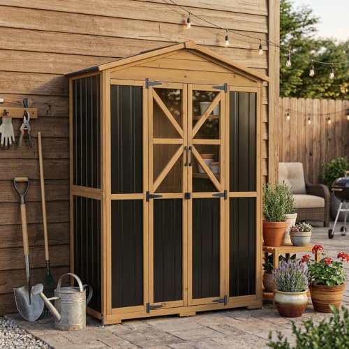 Outdoor Wooden Storage Shed Cabinet with 6 Adjustable Shelves