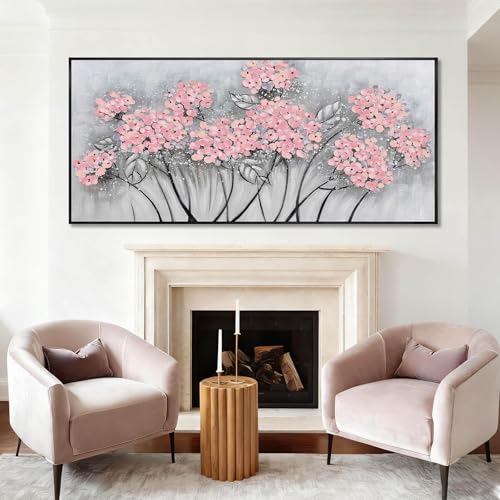 Flower Wall Art Pink Wood Wall Decor Botanical Oil Painting 32"x70" Large Artwork for Bedroom Canvas Paintings for Office