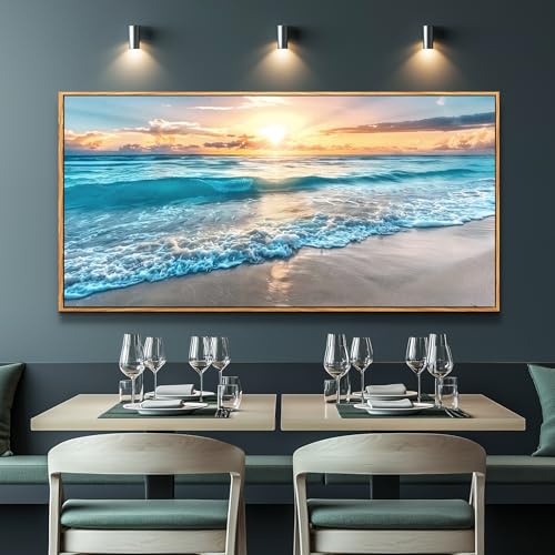 Large Canvas Wall Art For Living Room Wood Framed Wall Decor For Bedroom Blue Beach Seascape Wall Paintings Modern Office Decorations Home Decor Poster Artwork Ready to Hang Wall Pictures