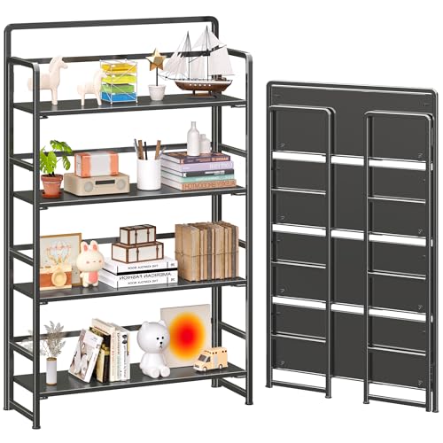 No Assembly Extra Wide 4 Tiers Folding Bookshelf Storage Shelves Vintage Bookcase Standing Racks Study Organizer Home Office