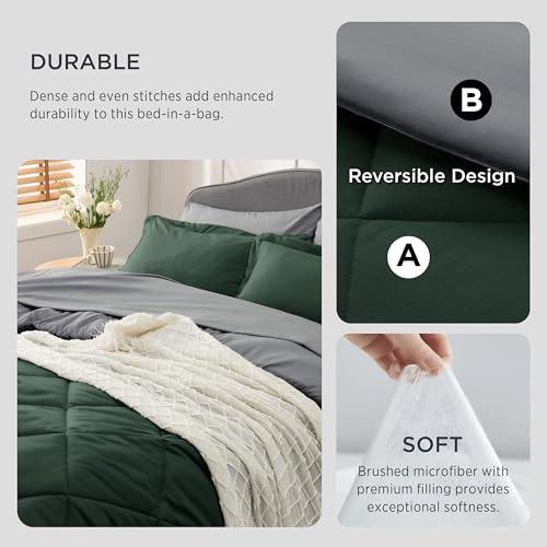 Twin XL Bed in a Bag Reversible 5 Pieces Dark Green