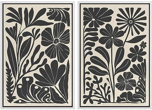 Framed Canvas Wall Art Abstract Floral Botanical Prints Minimalist Modern Art Boho Wall Decor for Bedroom (2 Count)