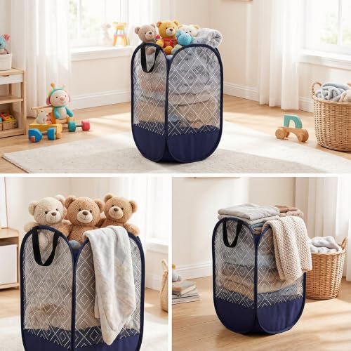 100L Extra Large Mesh Pop Up Laundry Hamper 2 Pack. Blue Travel Basket (2 Count)