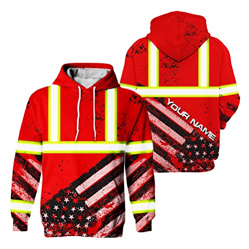 Safety Hoodie Red US Flag Customize Name High Visibility Hoodie for Men Reflective Hoodie Hi Vis Construction Workwear for Runners