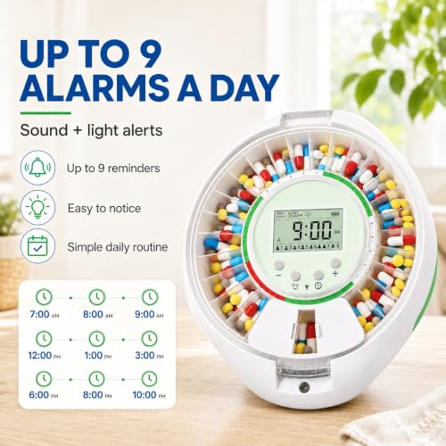 Automatic Pill Dispenser with 9 Alarms & Front Key Lock for Seniors