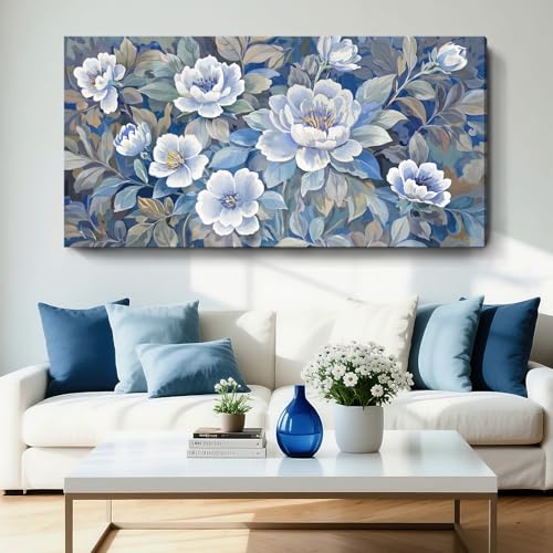 Extra Large Blue White And Gray Plant Canvas Wall Art; Modern Abstract Flower Print Picture For Living Rooms
