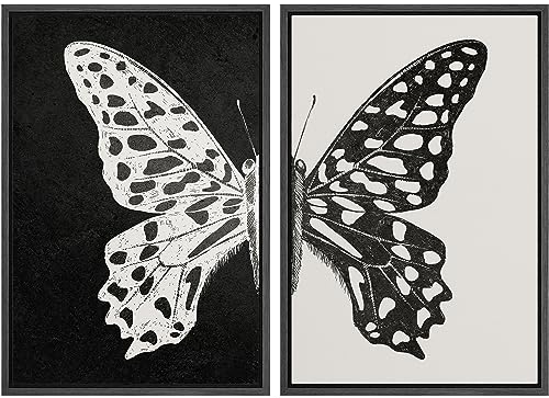 Framed Canvas Wall Art Black and White Butterfly Prints Minimalist Modern Art Boho Wall Decor for Bedroom (2 Count)