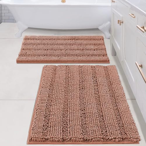 2 Piece Set Bathroom Rugs Bath Mats Sets Super Absorbent Chenille Striped Bath Mats Non Skid Machine Wash Dry Rugs for Bathroom Floor