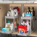 2PC Under Sink Organizer Rack 2 Tier Under Sliding Cabinet Basket Organizer Drawer with 4 Hooks (2 Count)