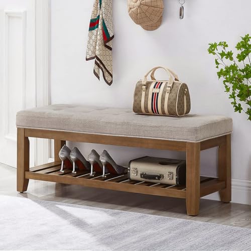 Large Rectangular Upholstered Tufted Linen Fabric Ottoman Bench