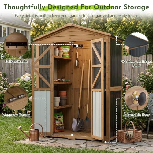 Outdoor Wooden Storage Shed Cabinet with 6 Adjustable Shelves