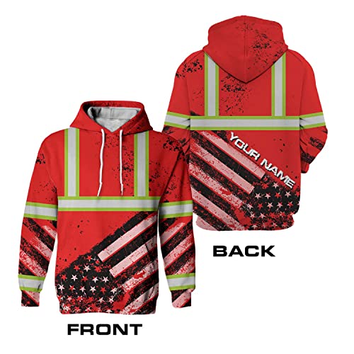 Safety Hoodie Red US Flag Customize Name High Visibility Hoodie for Men Reflective Hoodie Hi Vis Construction Workwear for Runners