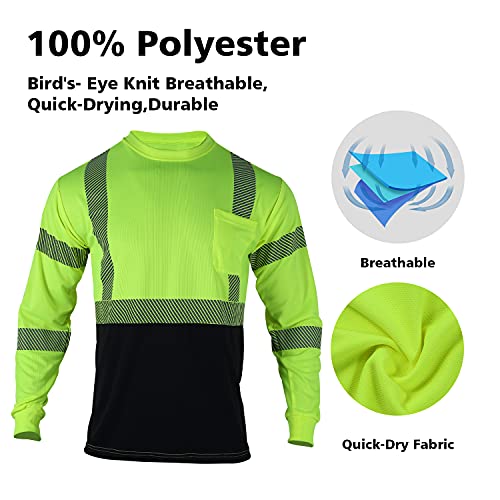 3pcs Safety T Shirts Reflective High Visibility Hi Vis Long Sleeve Construction Work Shirts for Men Class 3 (3 Count)