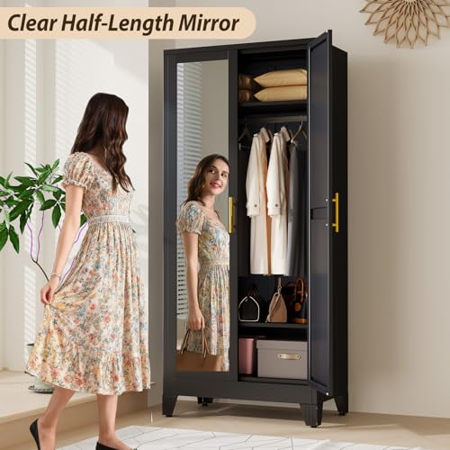 Metal Wardrobe Storage Cabinet with Mirror and Hanging Rod