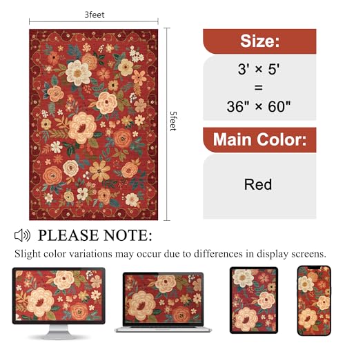 3x5 Area Rug Floral Washable Rug for Bedroom Non Slip (15 Sq Ft)