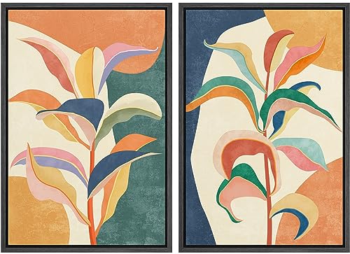 Framed Canvas Wall Art Colorful Tropical Jungle Leaf Botanical Prints Minimalist Modern Art Boho Wall Decor for Bedroom (2 Count)