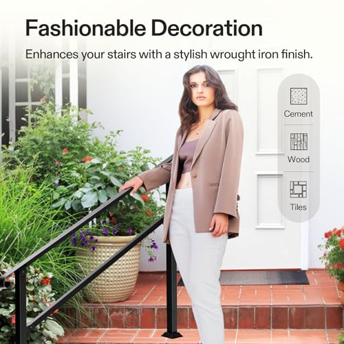 4 Step Stair Handrail 54"x36" Wrought Iron with Curved Ends Black