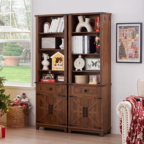 72in Tall Bookshelf 7 Tier Bookcase with Drawer and Barn Doors and Adjustable Shelves
