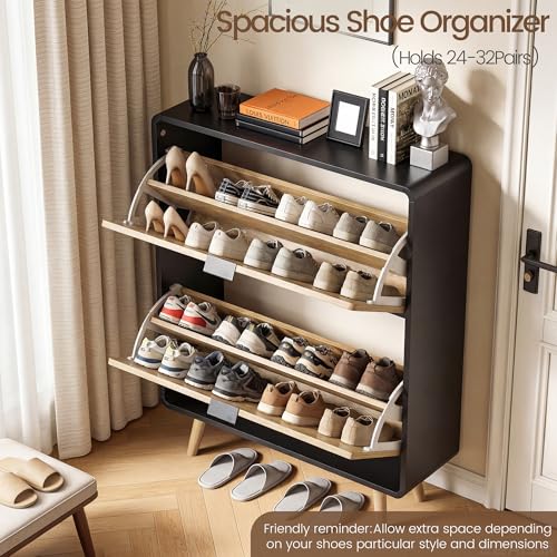 Fluted Shoe Storage Cabinet with 2 Flip Drawers
