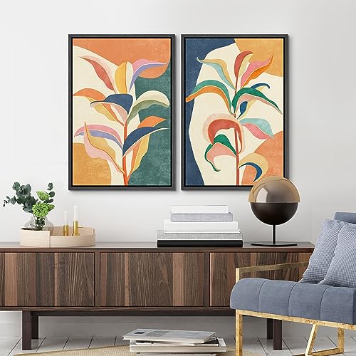 Framed Canvas Wall Art Colorful Tropical Jungle Leaf Botanical Prints Minimalist Modern Art Boho Wall Decor for Bedroom (2 Count)