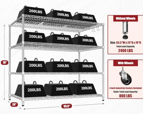 4 Tier NSF Steel 55.5" Wx24 Dx76 H Wire Shelving 2400lbs (6 Count)